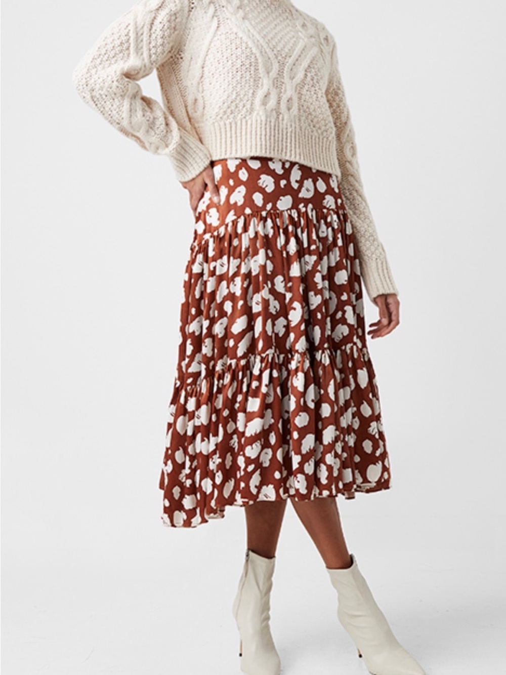 French Connection Rust and White Tiered Midi Skirt